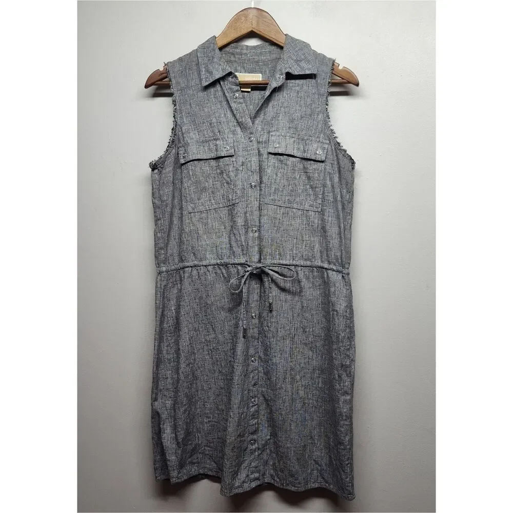 Michael Kors Linen Mini Dress Women M Gray Sleeveless Casual Summer Vacation